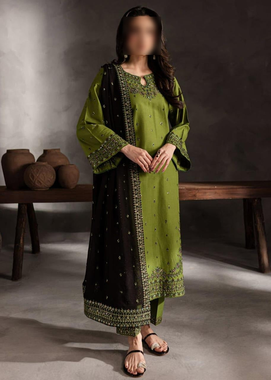 Elegant 3psc Unstitched Premium Embroidered Lawn Suit