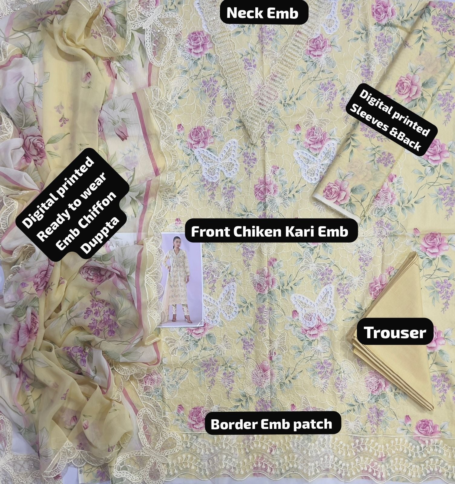 Butterfly 🦋 3psc Unstitched Embroided Suit