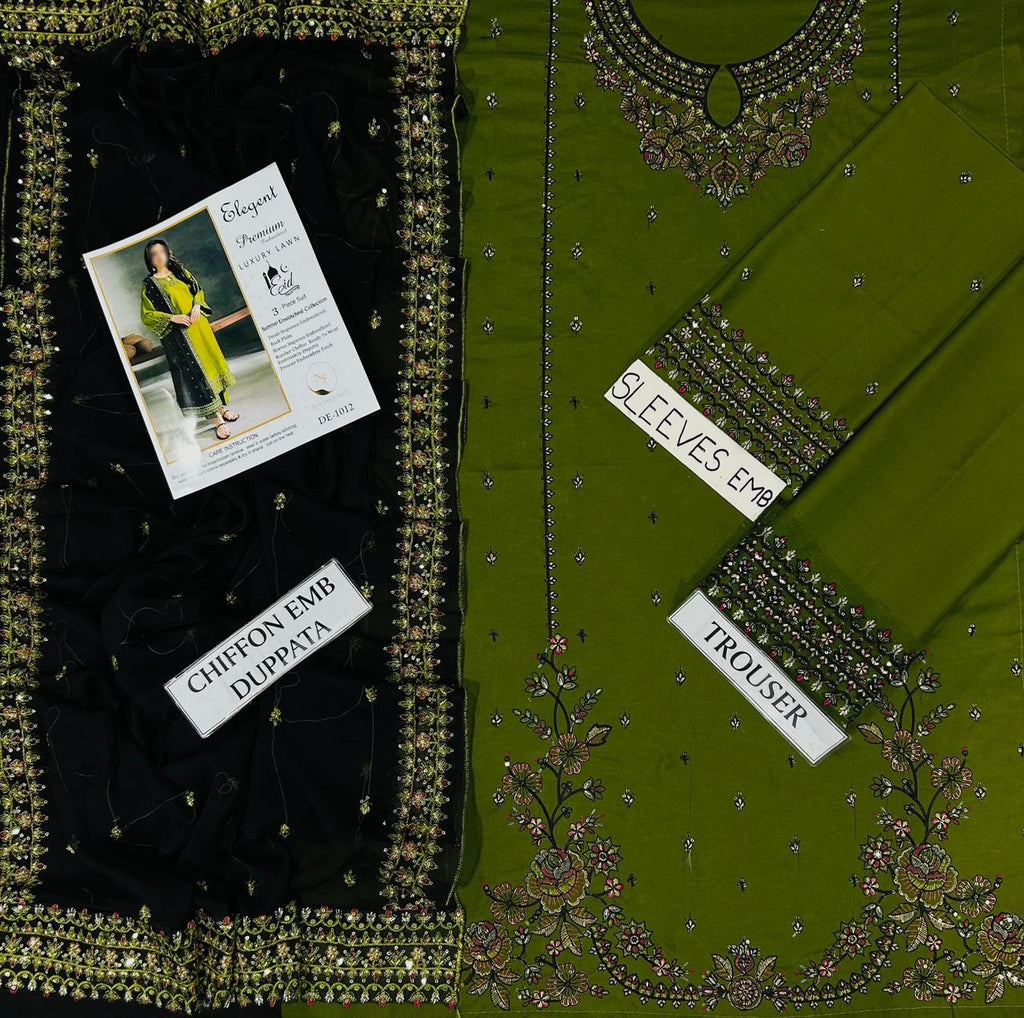 Elegant 3psc Unstitched Premium Embroidered Lawn Suit